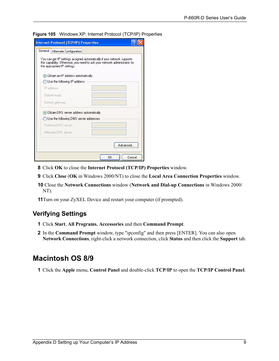 Macintosh os 8/9, Verifying settings | ZyXEL Communications P-660R-D Series User Manual | Page 169 / 204