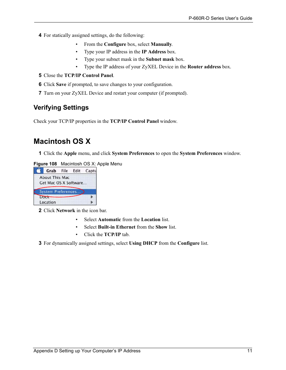 Macintosh os x, Figure 108 macintosh os x: apple menu, Verifying settings | ZyXEL Communications P-660R-D Series User Manual | Page 171 / 204