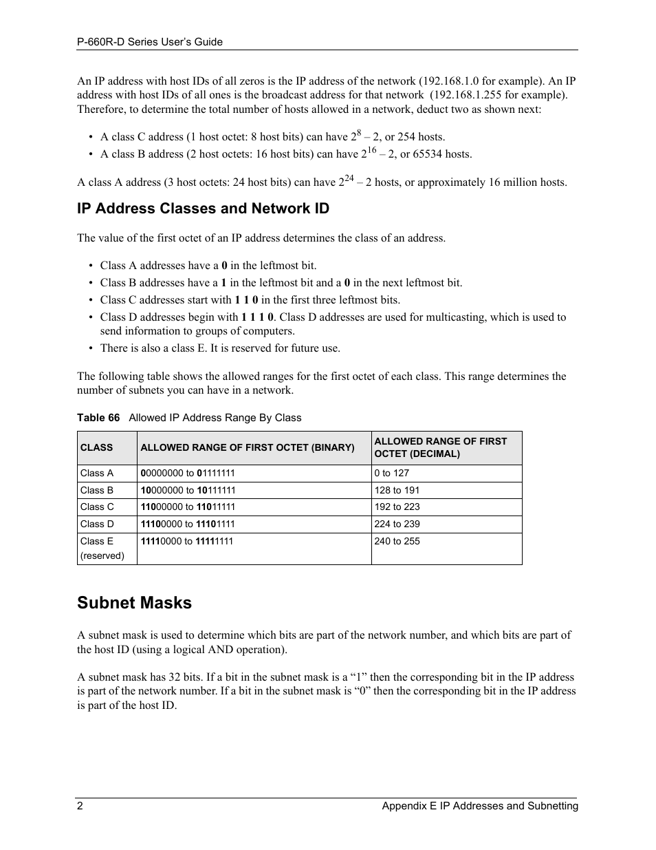 Subnet masks, Table 66 allowed ip address range by class, Ip address classes and network id | ZyXEL Communications P-660R-D Series User Manual | Page 178 / 204