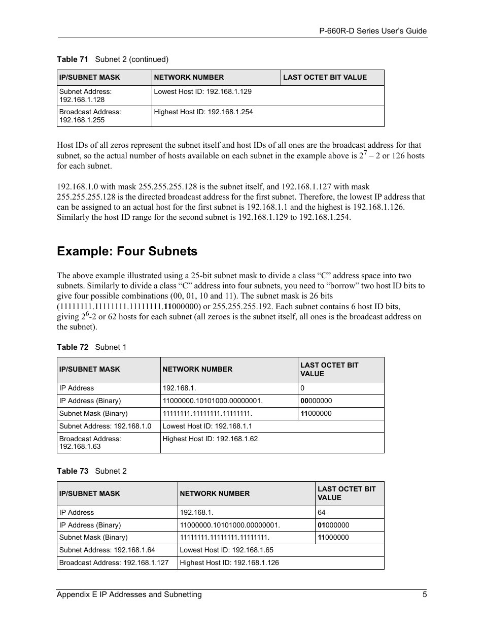 Example: four subnets, Table 72 subnet 1 table 73 subnet 2 | ZyXEL Communications P-660R-D Series User Manual | Page 181 / 204