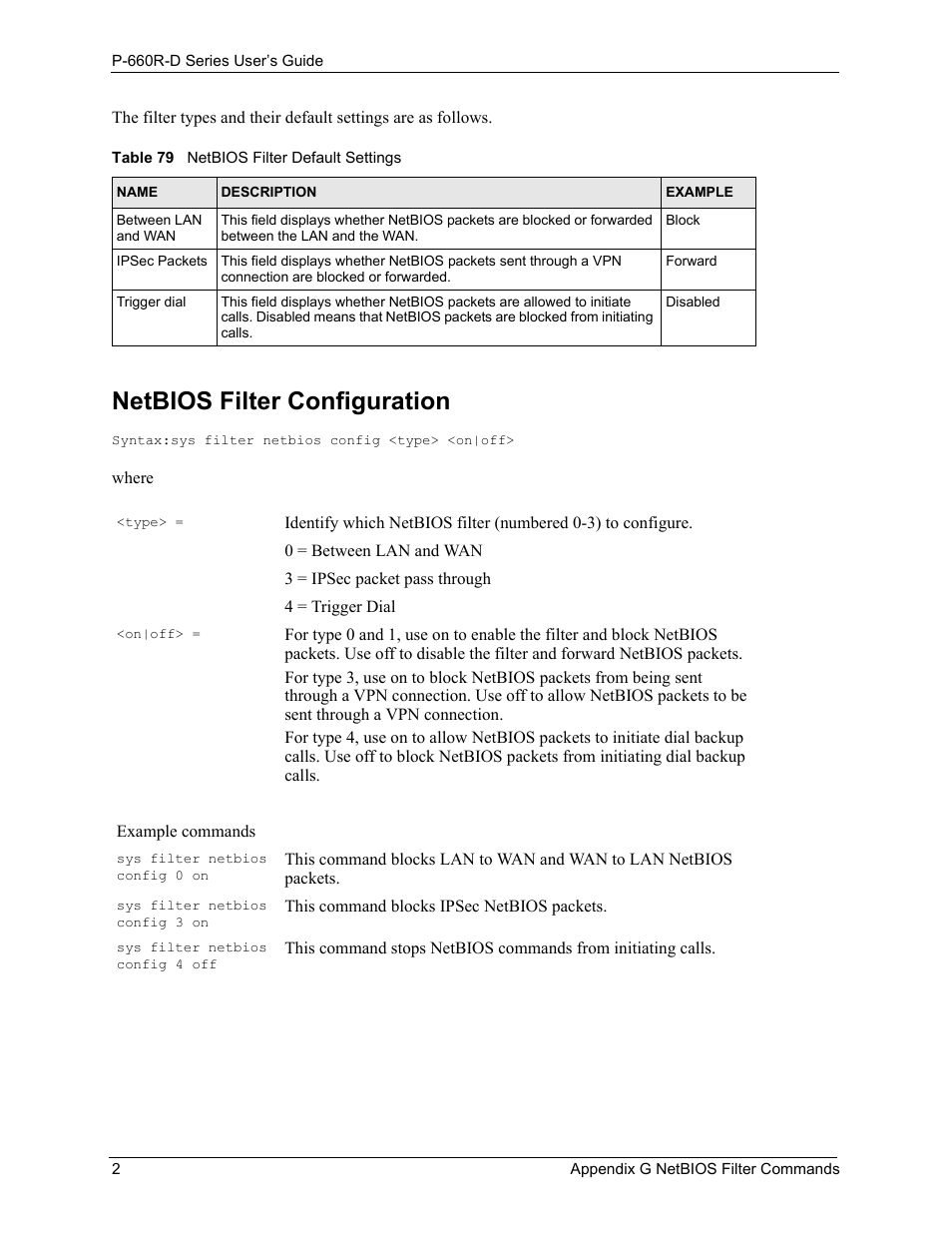 Netbios filter configuration, Table 79 netbios filter default settings | ZyXEL Communications P-660R-D Series User Manual | Page 188 / 204