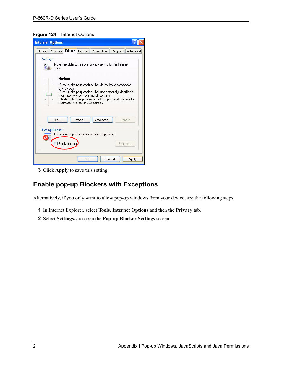 Figure 124 internet options, Enable pop-up blockers with exceptions | ZyXEL Communications P-660R-D Series User Manual | Page 194 / 204