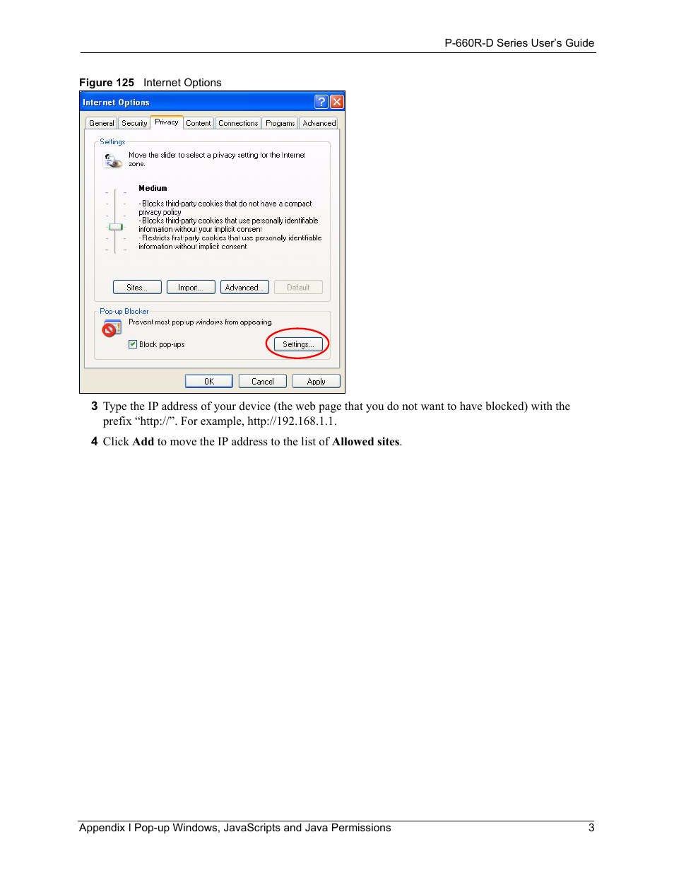 Figure 125 internet options | ZyXEL Communications P-660R-D Series User Manual | Page 195 / 204