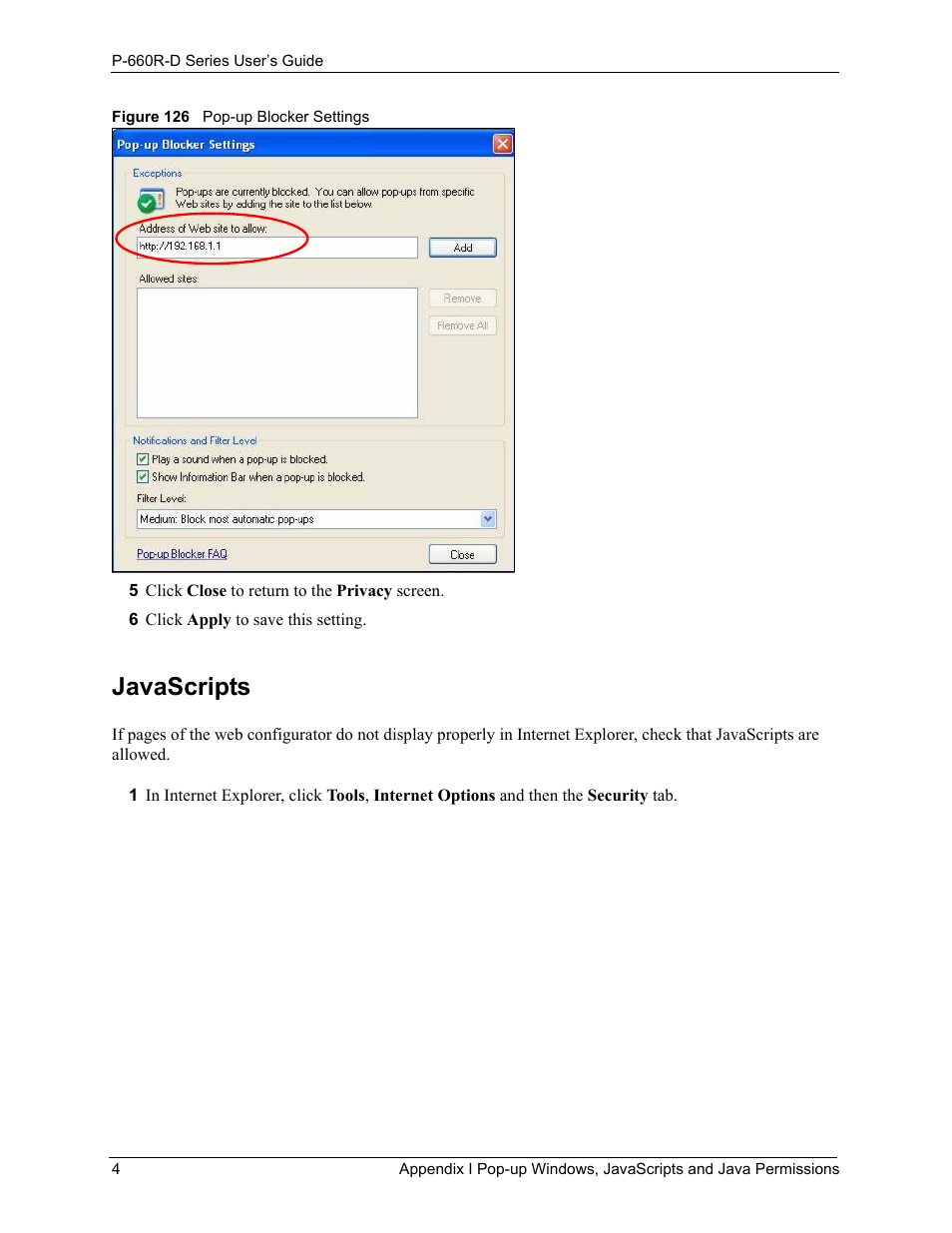 Javascripts, Figure 126 pop-up blocker settings | ZyXEL Communications P-660R-D Series User Manual | Page 196 / 204