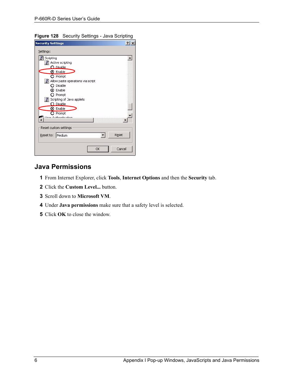 Figure 128 security settings - java scripting, Java permissions | ZyXEL Communications P-660R-D Series User Manual | Page 198 / 204