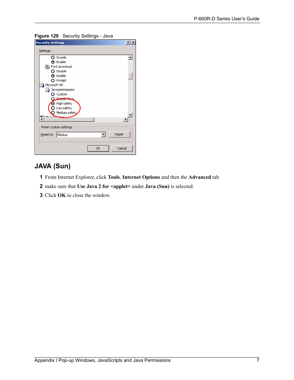 Figure 129 security settings - java, Java (sun) | ZyXEL Communications P-660R-D Series User Manual | Page 199 / 204