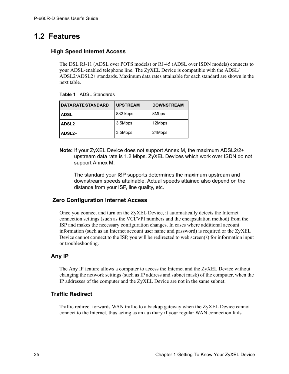 2 features, Table 1 adsl standards | ZyXEL Communications P-660R-D Series User Manual | Page 26 / 204