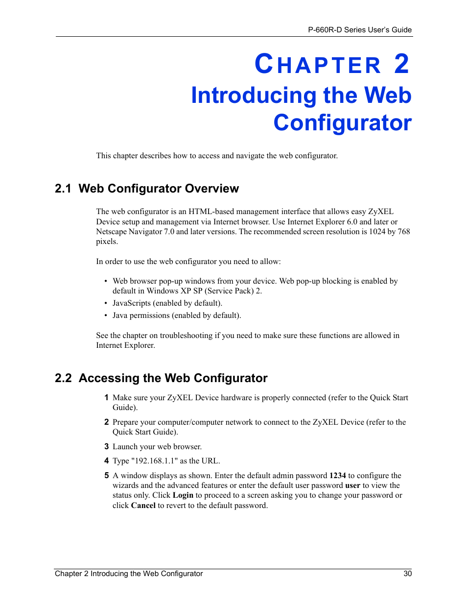 Introducing the web configurator, 1 web configurator overview, 2 accessing the web configurator | Chapter 2 introducing the web configurator | ZyXEL Communications P-660R-D Series User Manual | Page 31 / 204
