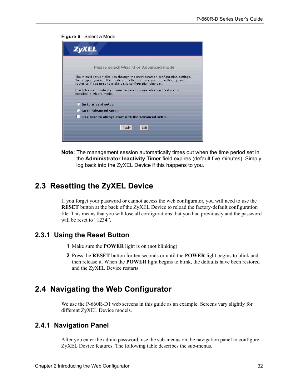 3 resetting the zyxel device, 1 using the reset button, 4 navigating the web configurator | 1 navigation panel, Figure 6 select a mode | ZyXEL Communications P-660R-D Series User Manual | Page 33 / 204