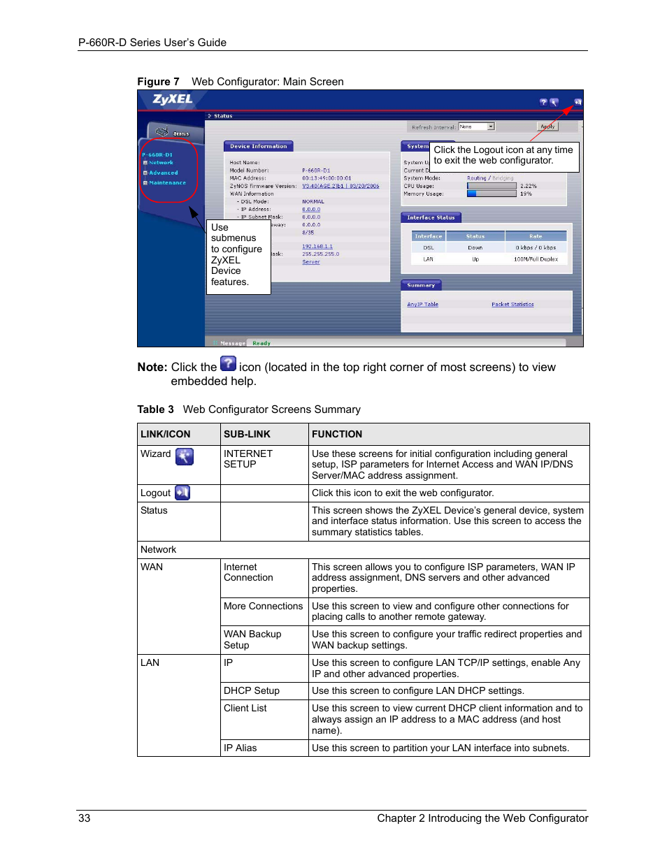 Figure 7 web configurator: main screen, Table 3 web configurator screens summary | ZyXEL Communications P-660R-D Series User Manual | Page 34 / 204