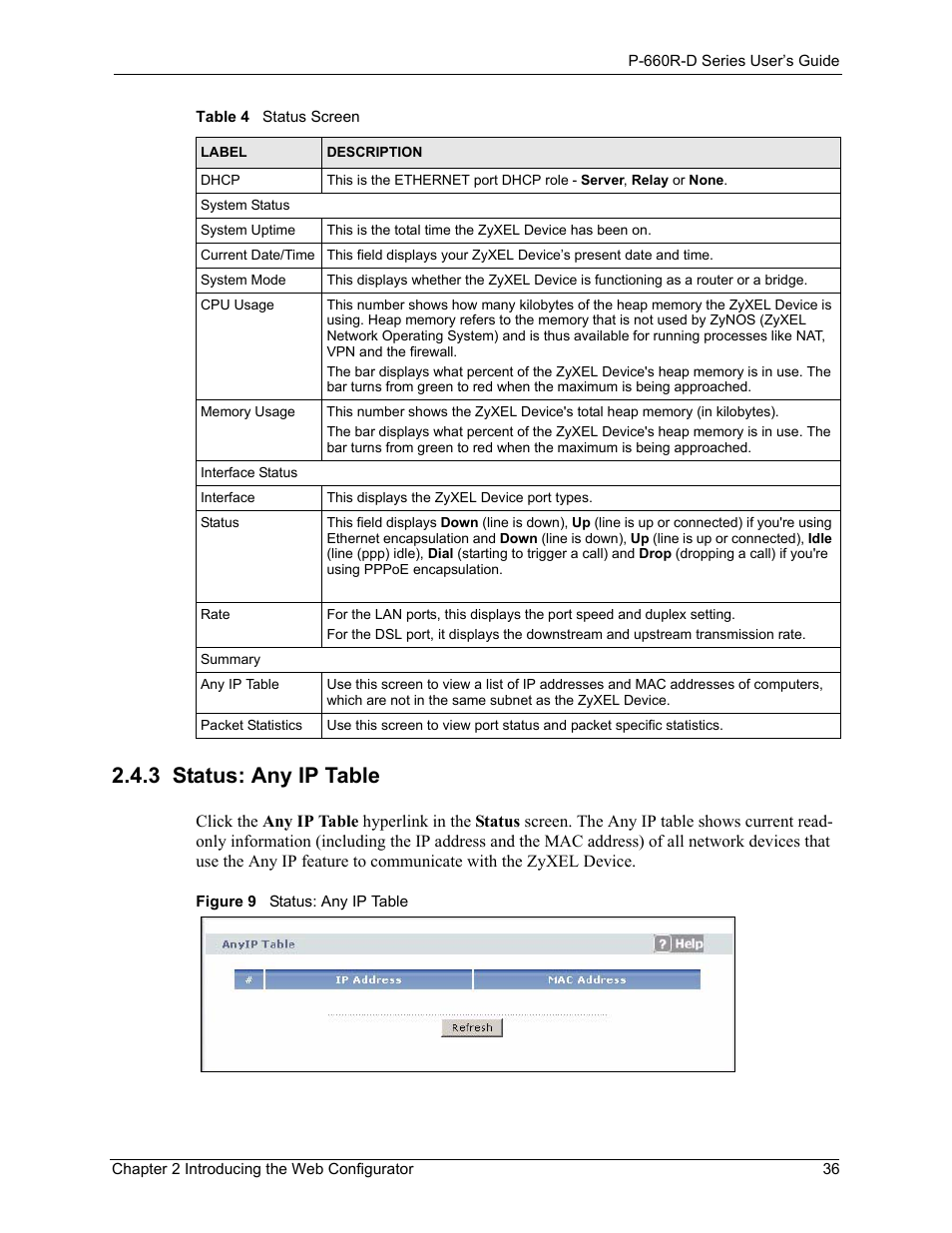 3 status: any ip table, Figure 9 status: any ip table | ZyXEL Communications P-660R-D Series User Manual | Page 37 / 204