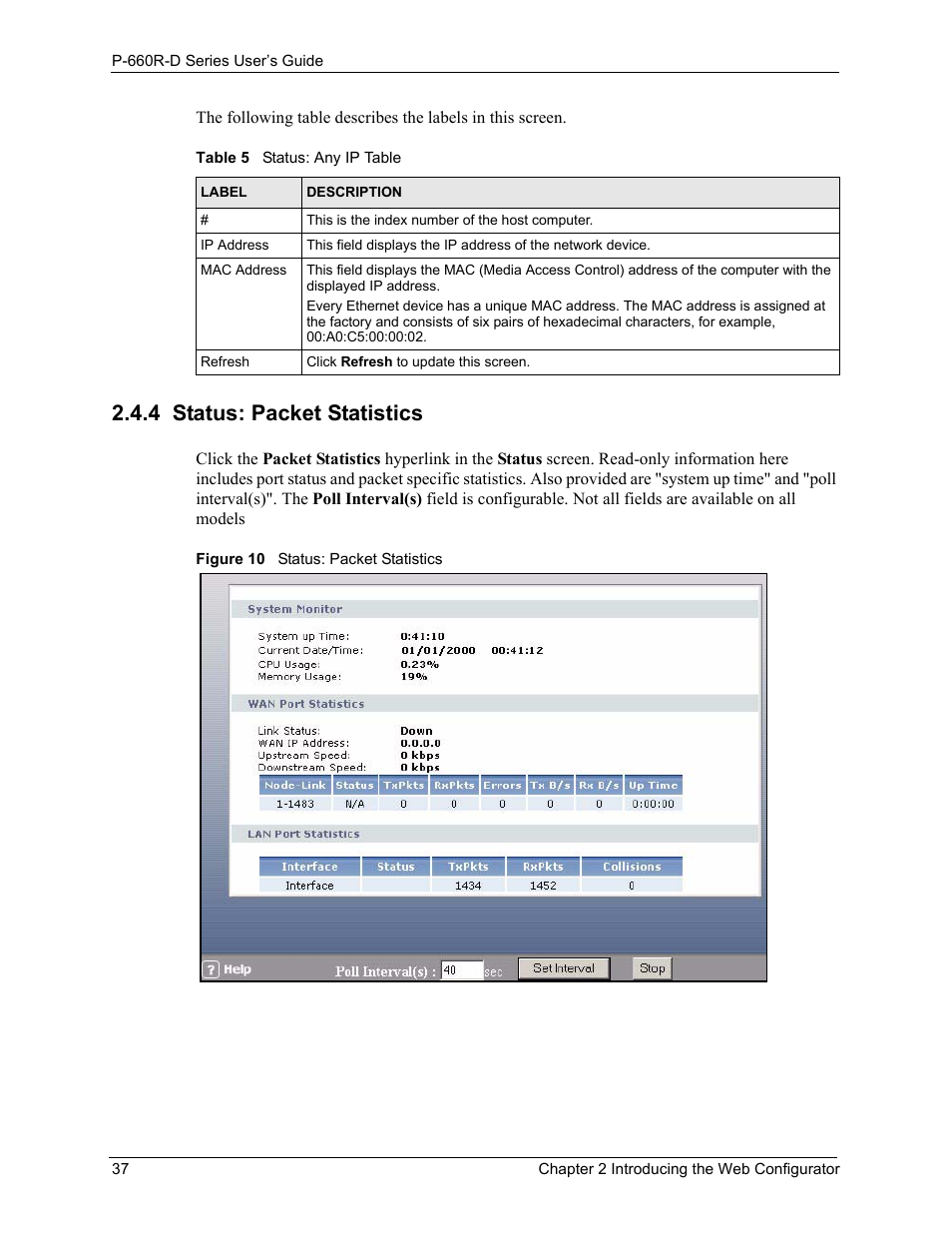4 status: packet statistics, Figure 10 status: packet statistics, Table 5 status: any ip table | ZyXEL Communications P-660R-D Series User Manual | Page 38 / 204