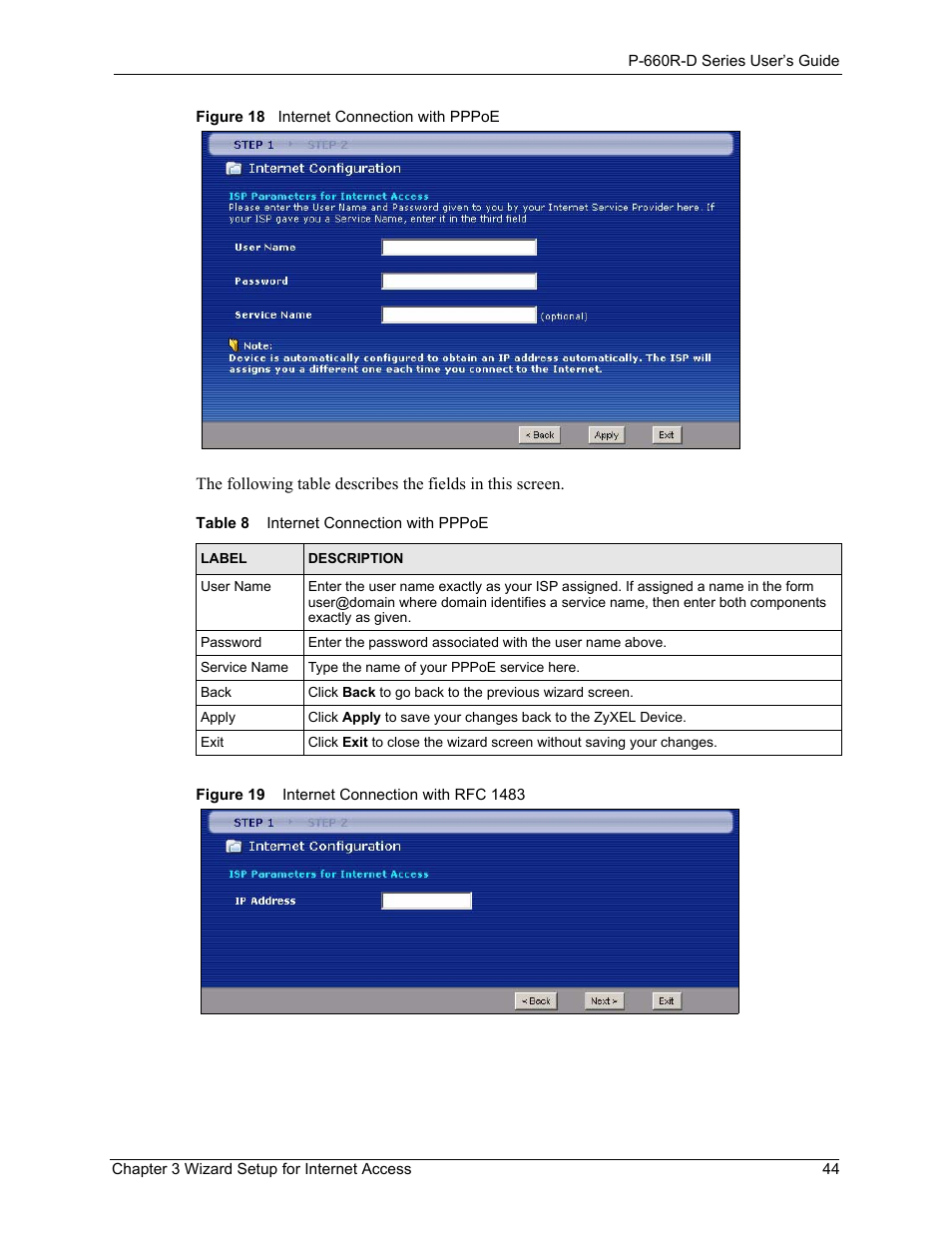 Table 8 internet connection with pppoe | ZyXEL Communications P-660R-D Series User Manual | Page 45 / 204