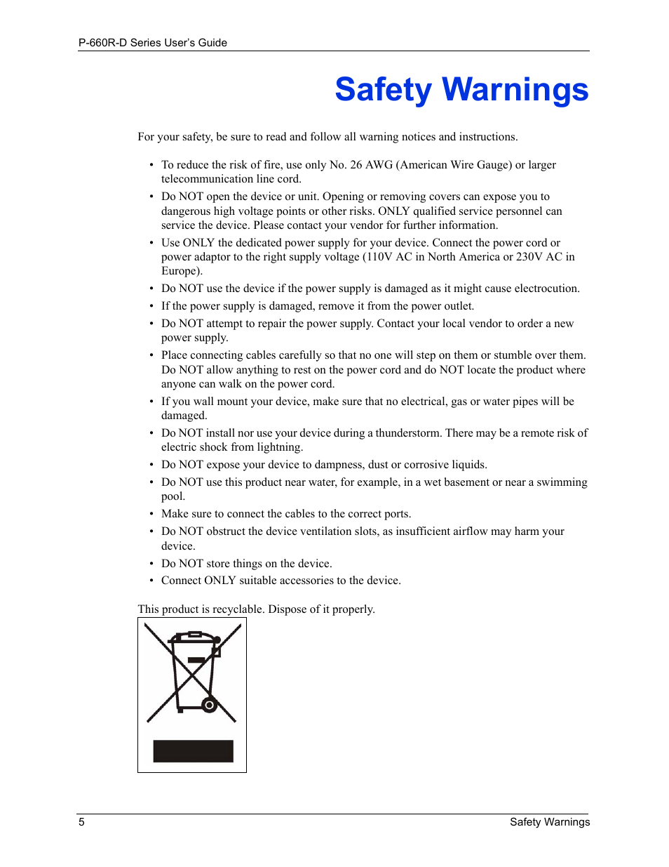 Safety warnings | ZyXEL Communications P-660R-D Series User Manual | Page 6 / 204