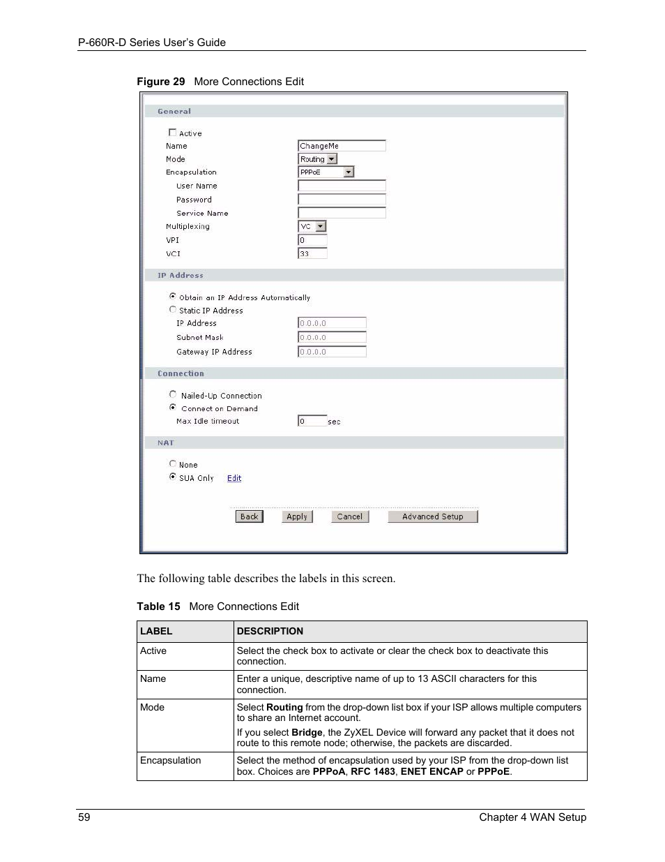 Figure 29 more connections edit, Table 15 more connections edit | ZyXEL Communications P-660R-D Series User Manual | Page 60 / 204