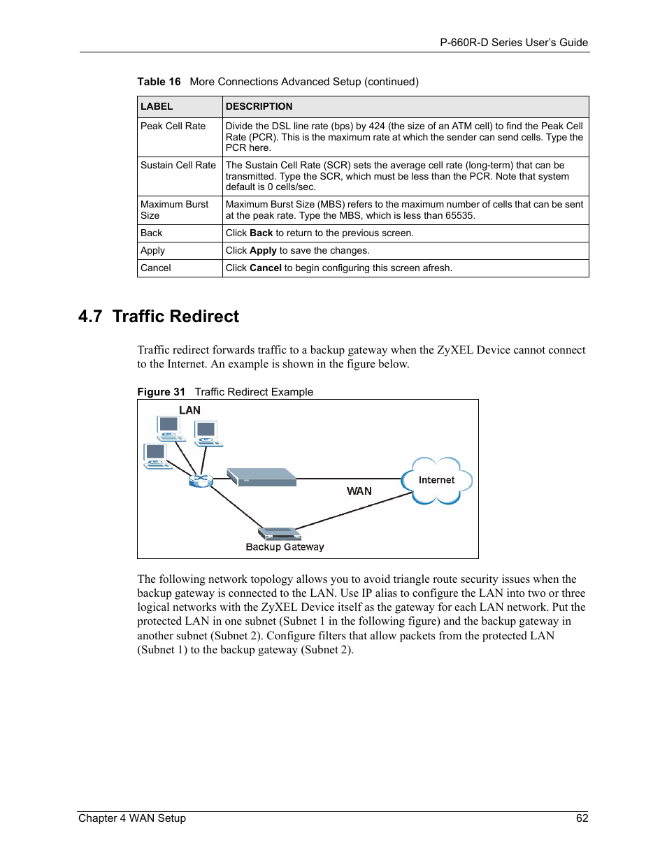7 traffic redirect, Figure 31 traffic redirect example | ZyXEL Communications P-660R-D Series User Manual | Page 63 / 204