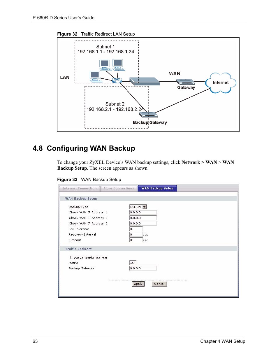 8 configuring wan backup | ZyXEL Communications P-660R-D Series User Manual | Page 64 / 204