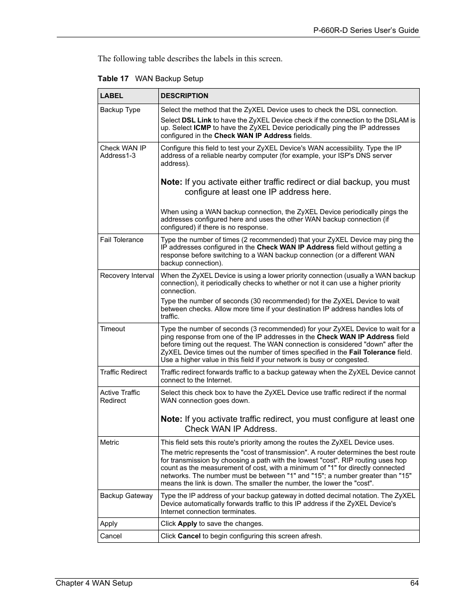 Table 17 wan backup setup | ZyXEL Communications P-660R-D Series User Manual | Page 65 / 204