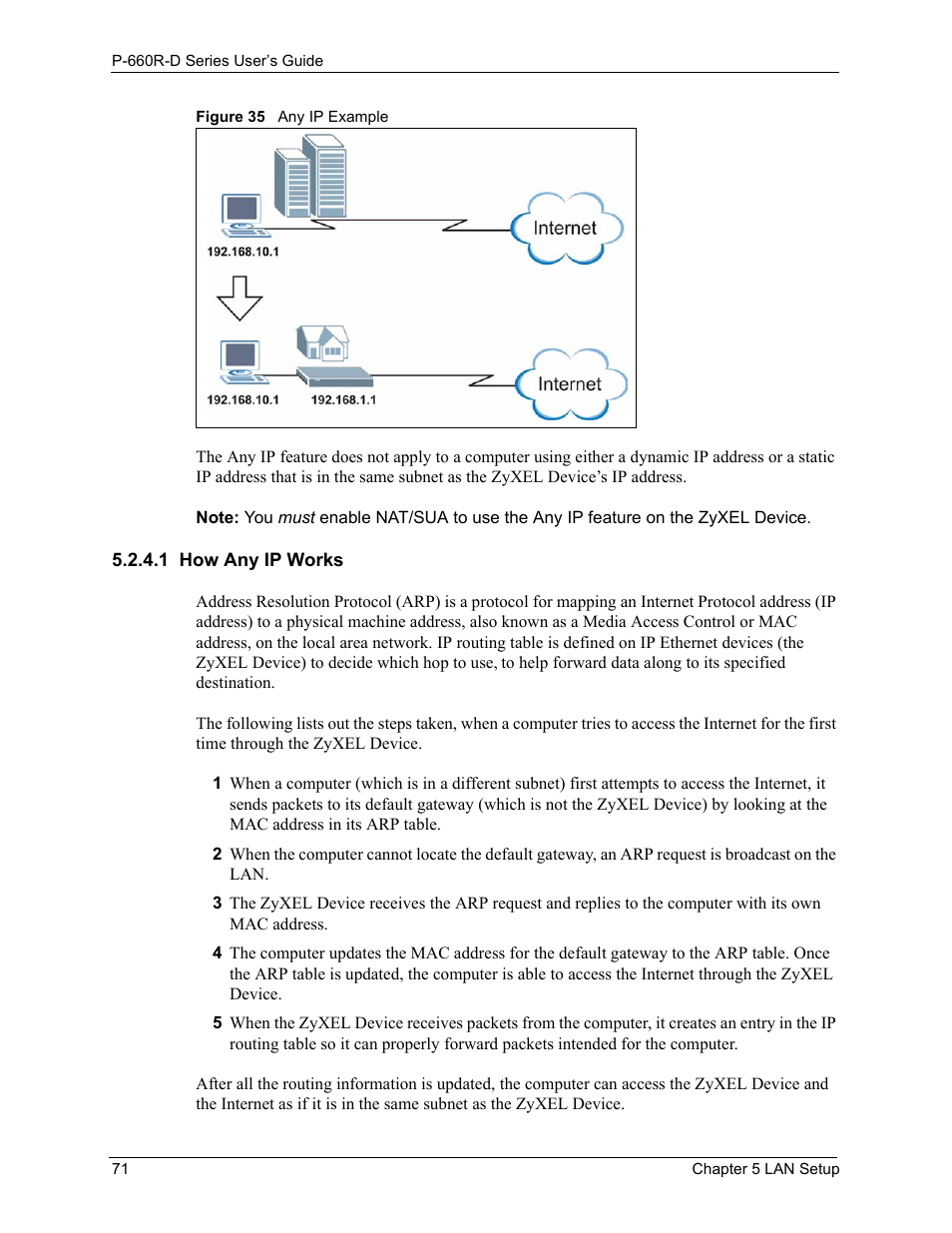 1 how any ip works, Figure 35 any ip example | ZyXEL Communications P-660R-D Series User Manual | Page 72 / 204