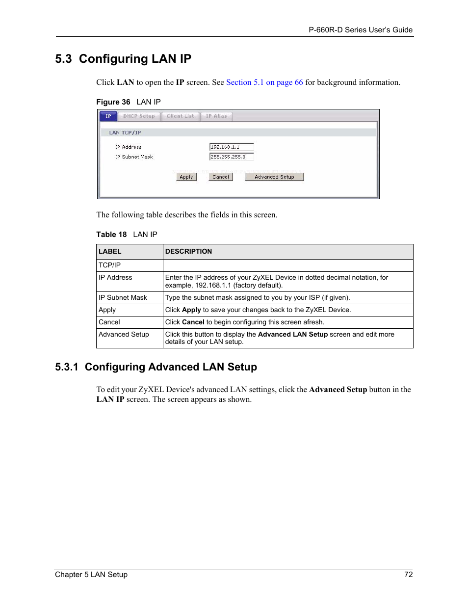 3 configuring lan ip, 1 configuring advanced lan setup, Figure 36 lan ip | Table 18 lan ip | ZyXEL Communications P-660R-D Series User Manual | Page 73 / 204