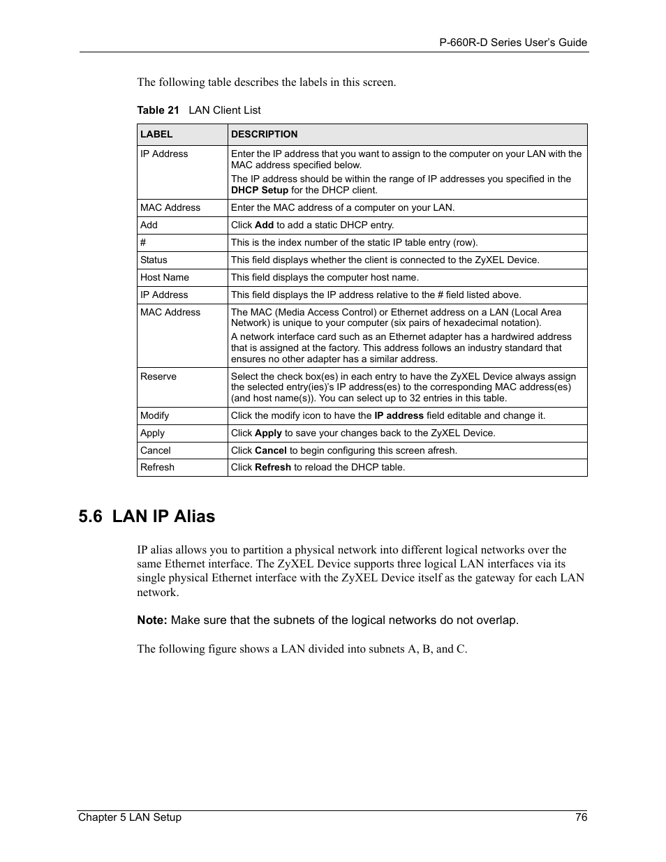 6 lan ip alias, Table 21 lan client list | ZyXEL Communications P-660R-D Series User Manual | Page 77 / 204