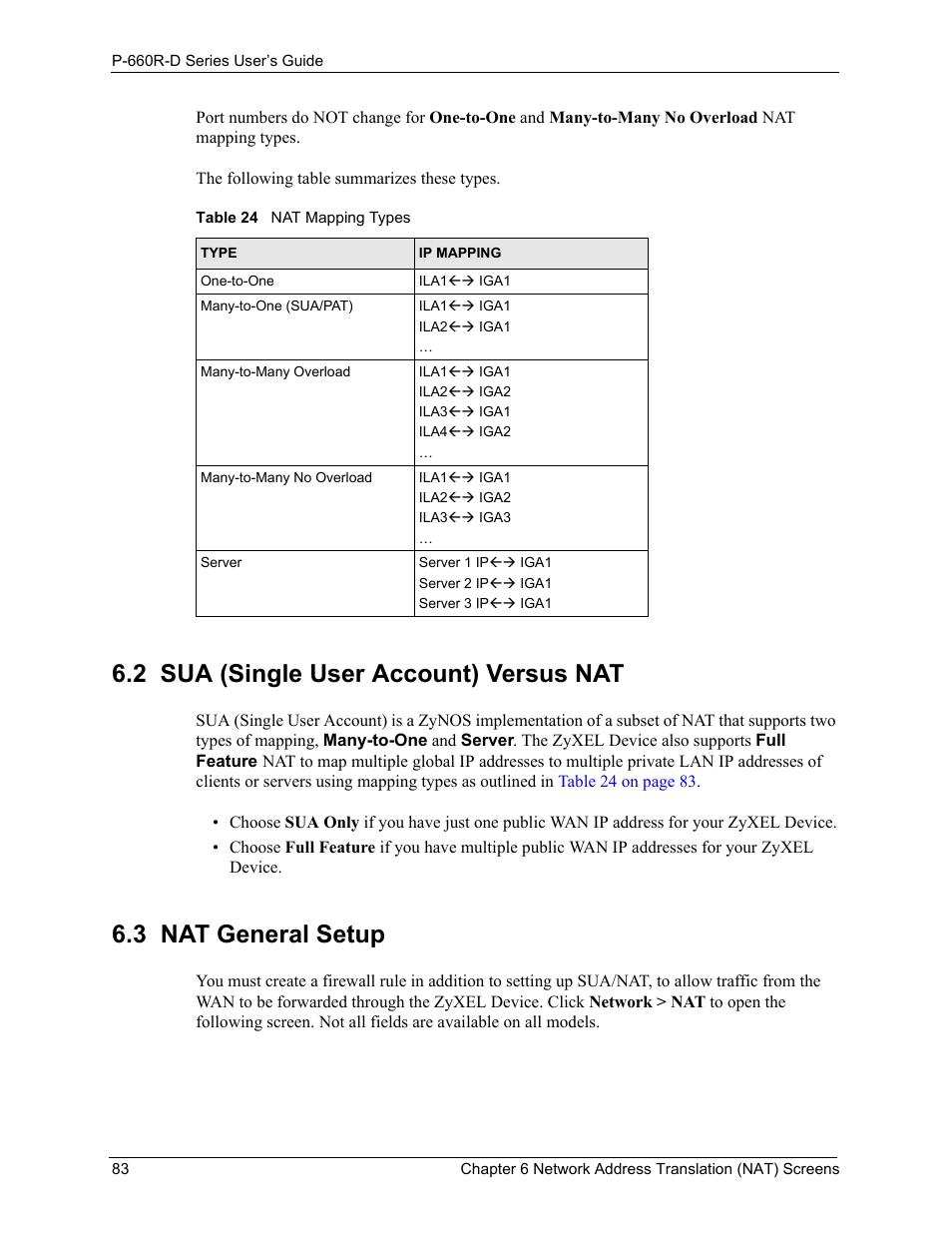 2 sua (single user account) versus nat, 3 nat general setup, Table 24 nat mapping types | ZyXEL Communications P-660R-D Series User Manual | Page 84 / 204