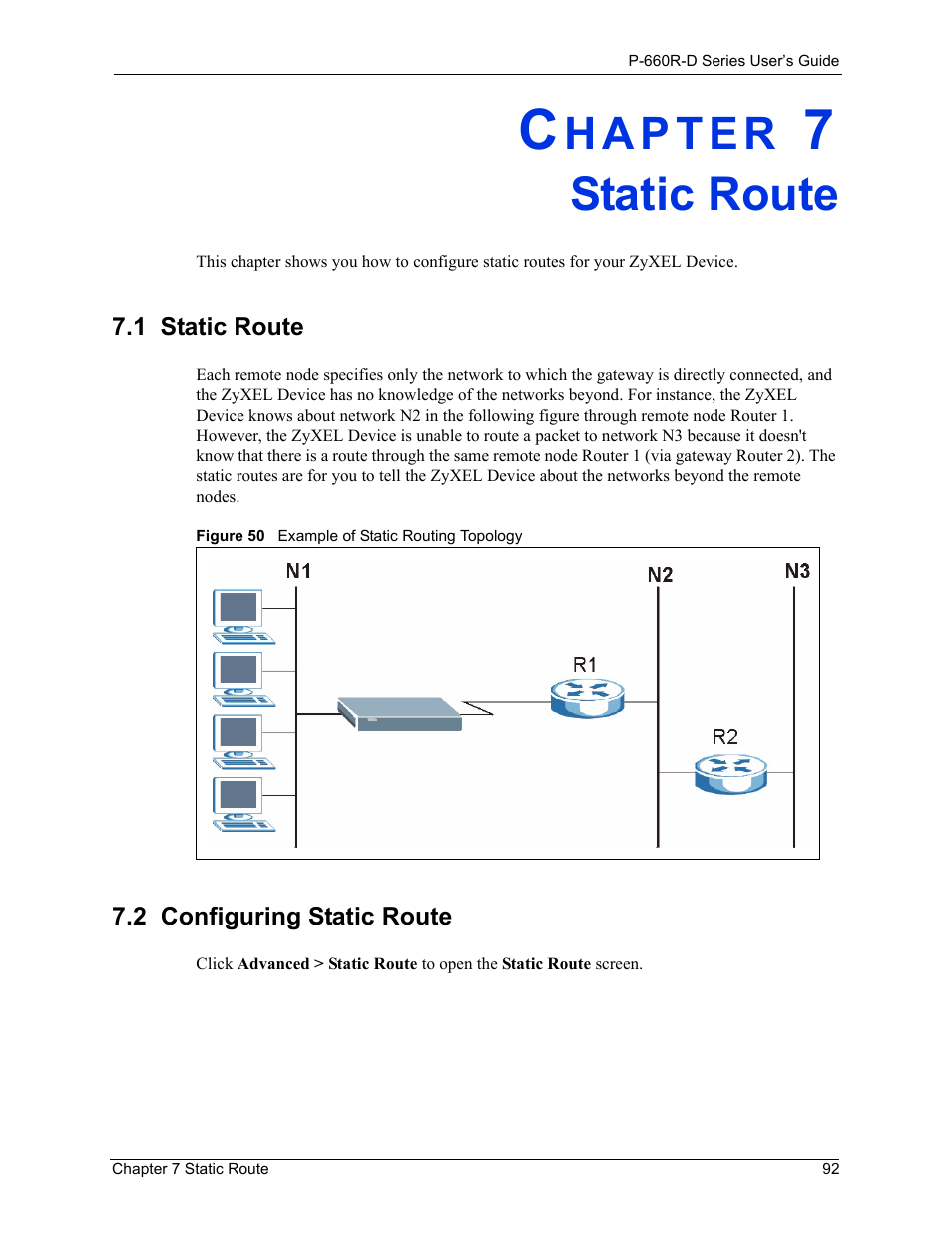 Static route, 1 static route, 2 configuring static route | Chapter 7 static route, Figure 50 example of static routing topology | ZyXEL Communications P-660R-D Series User Manual | Page 93 / 204