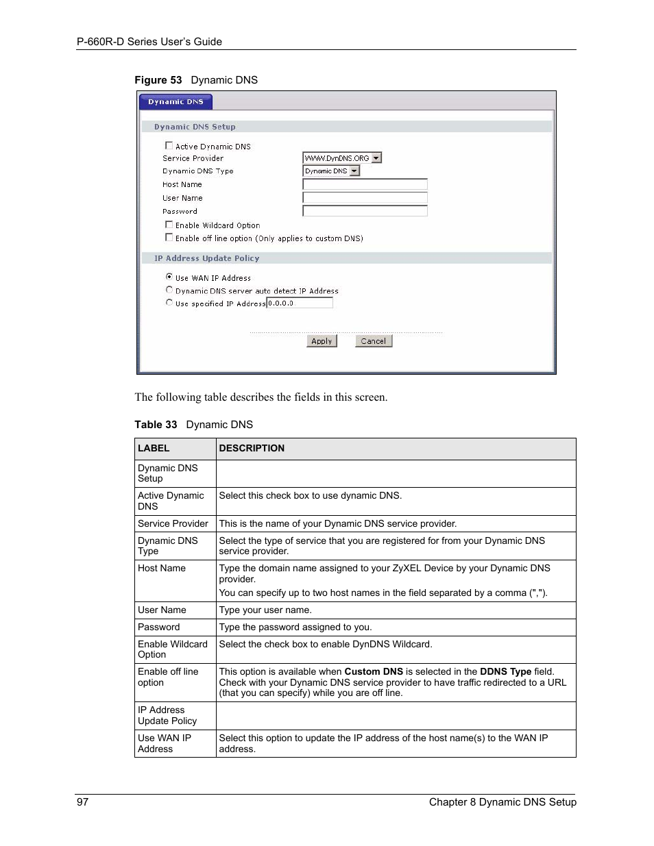 Figure 53 dynamic dns, Table 33 dynamic dns | ZyXEL Communications P-660R-D Series User Manual | Page 98 / 204