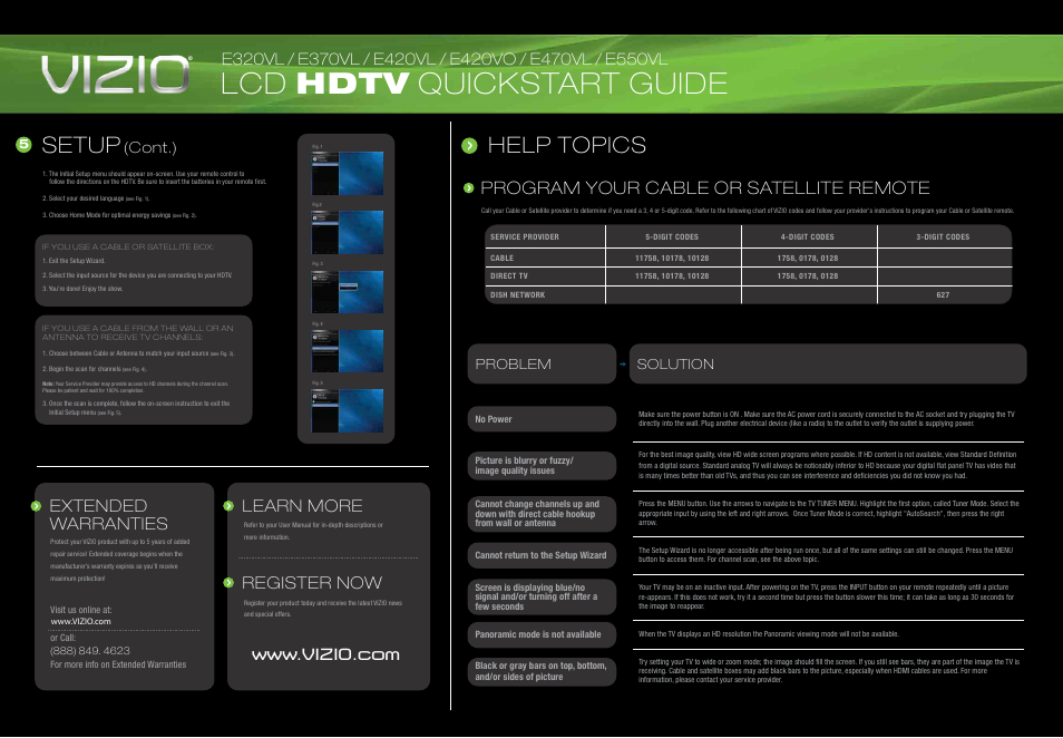 Lcd hdtv quickstart guide, Help topics setup, Extended warranties learn more register now | Program your cable or satellite remote, Cont.), Problem solution | ZyXEL Communications E470VL User Manual | Page 2 / 2