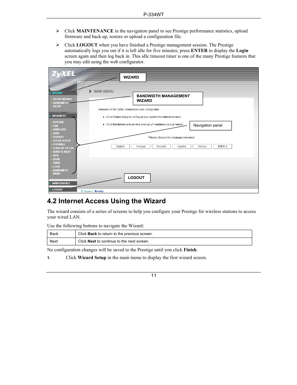 2 internet access using the wizard | ZyXEL Communications P-334WT User Manual | Page 11 / 19