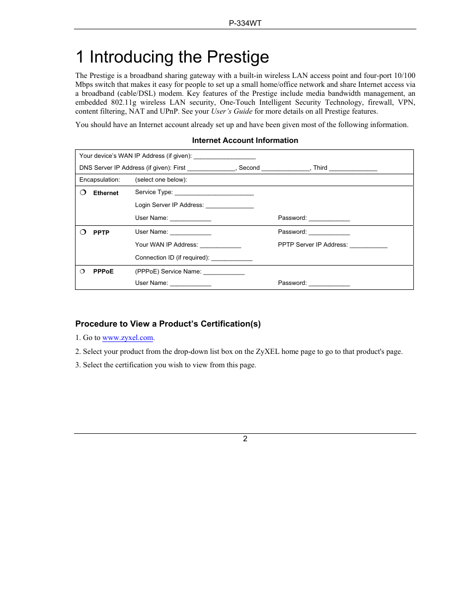 1 introducing the prestige | ZyXEL Communications P-334WT User Manual | Page 2 / 19