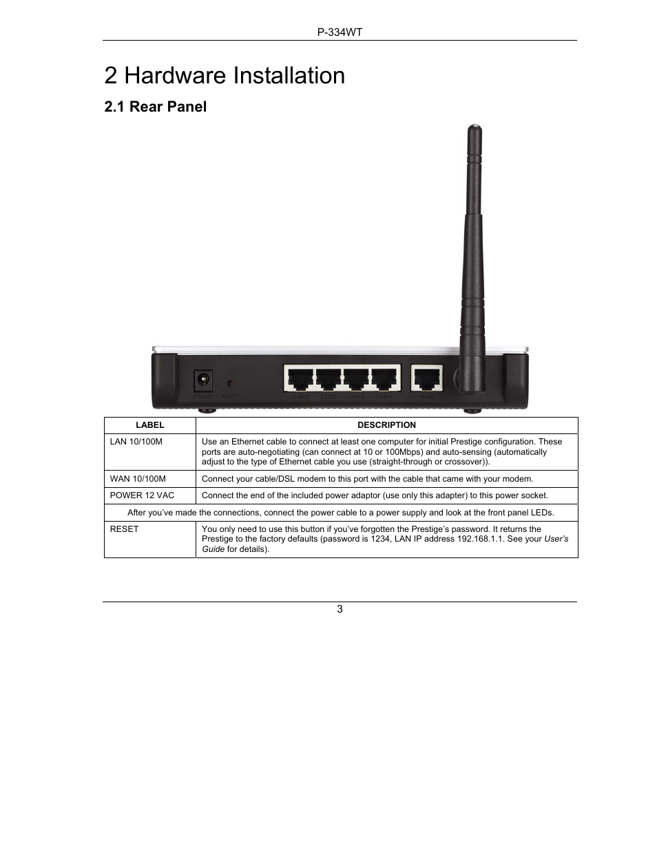 2 hardware installation, 1 rear panel | ZyXEL Communications P-334WT User Manual | Page 3 / 19