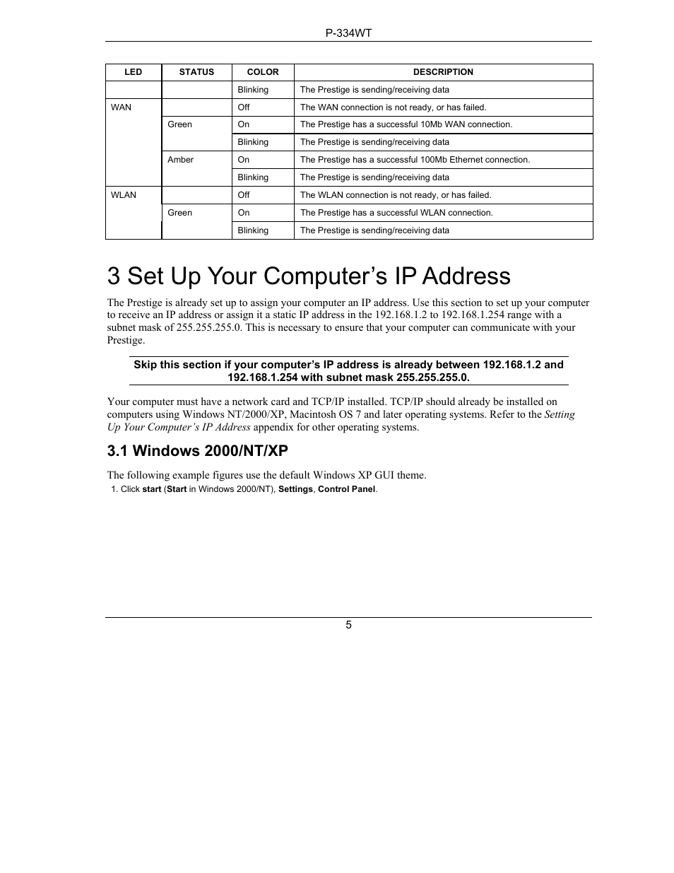 3 set up your computer’s ip address | ZyXEL Communications P-334WT User Manual | Page 5 / 19