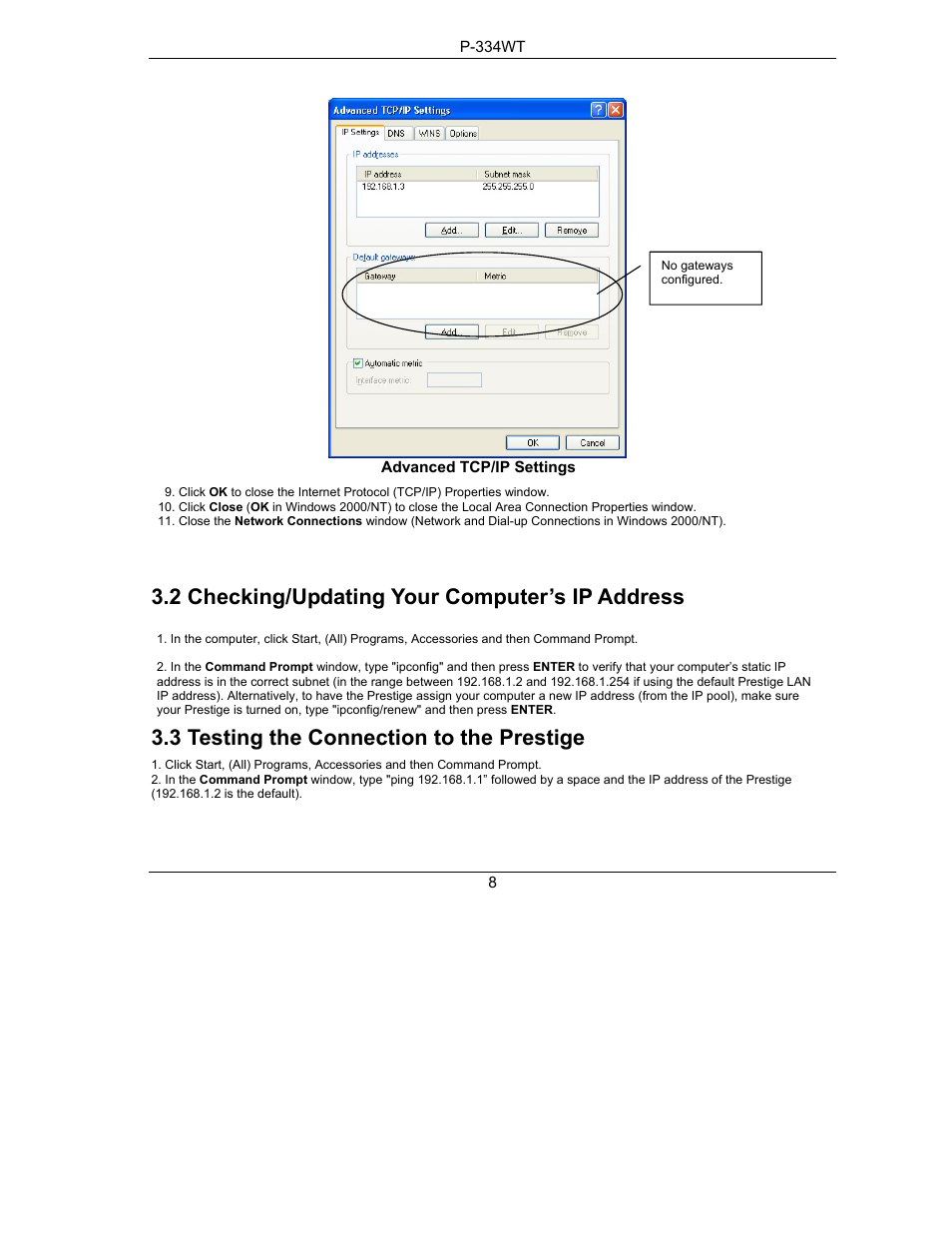 2 checking/updating your computer’s ip address, 3 testing the connection to the prestige | ZyXEL Communications P-334WT User Manual | Page 8 / 19