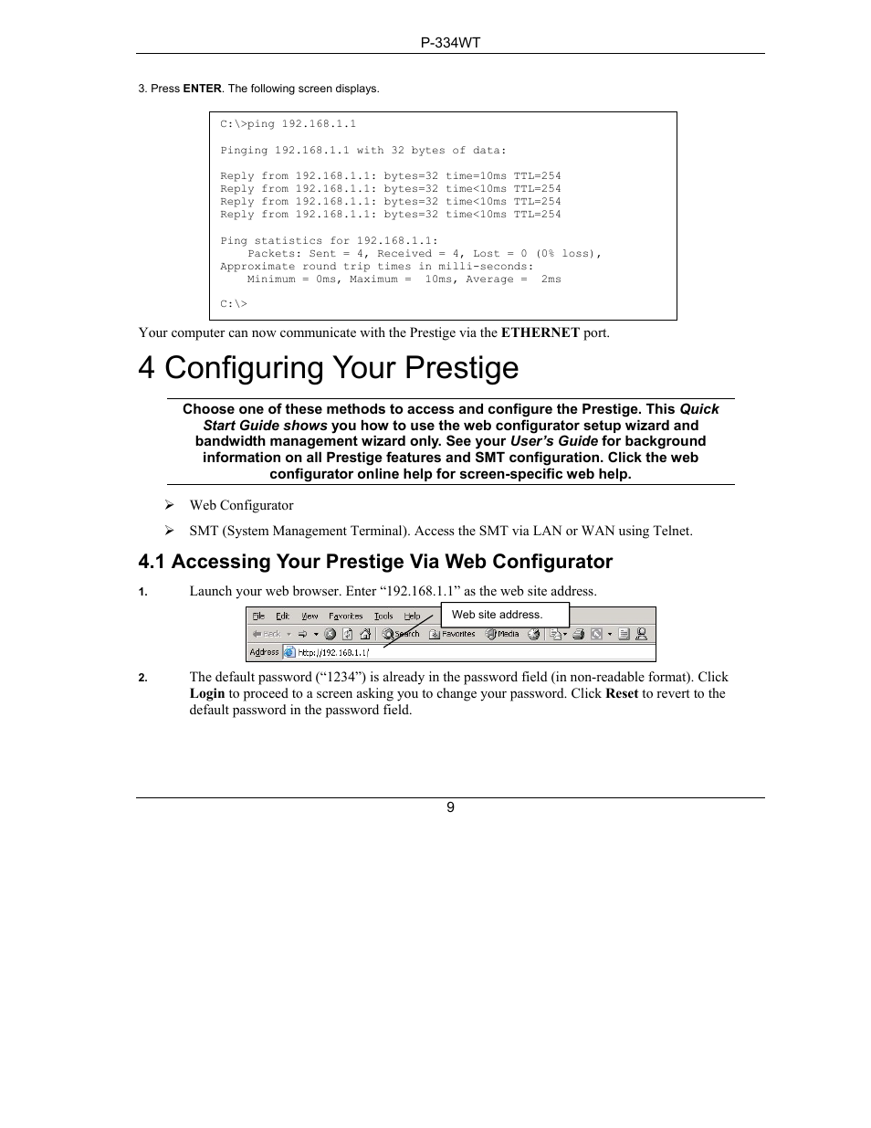 4 configuring your prestige, 1 accessing your prestige via web configurator | ZyXEL Communications P-334WT User Manual | Page 9 / 19