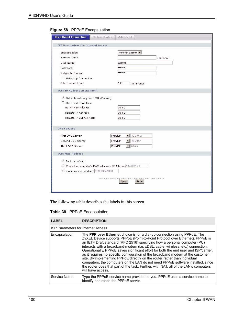 Figure 58 pppoe encapsulation, Table 39 pppoe encapsulation | ZyXEL Communications P-334WHD User Manual | Page 100 / 300