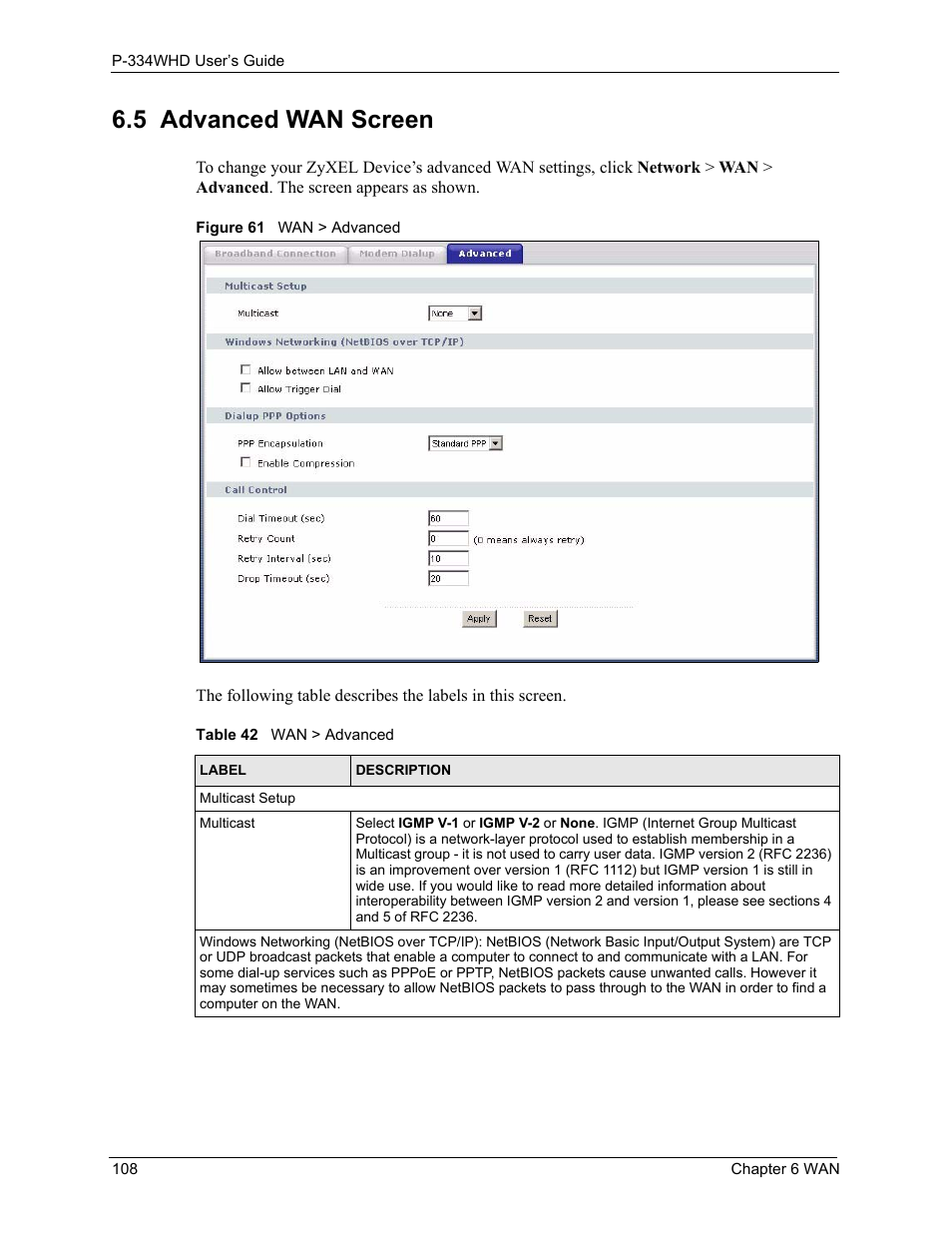 5 advanced wan screen, Figure 61 wan > advanced, Table 42 wan > advanced | ZyXEL Communications P-334WHD User Manual | Page 108 / 300