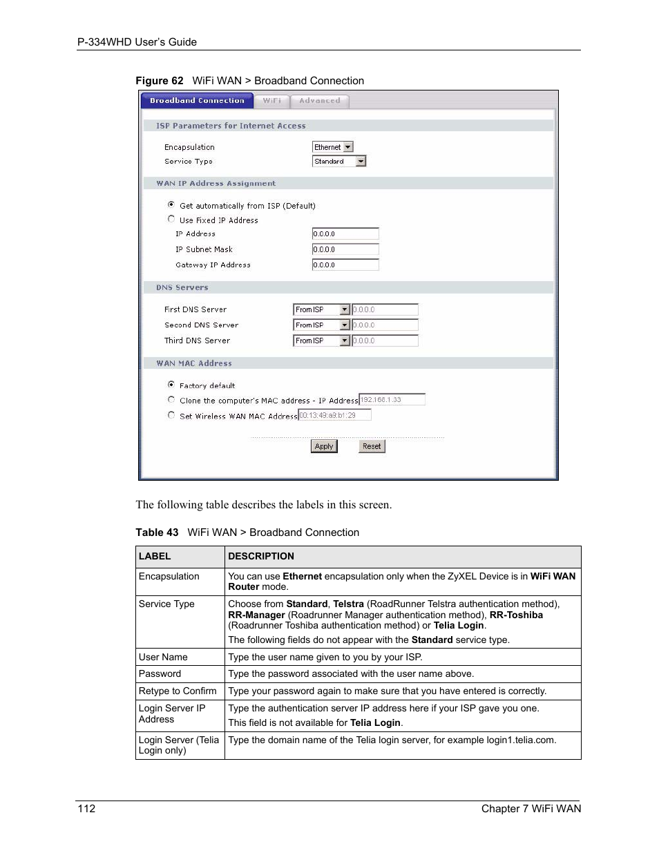 Figure 62 wifi wan > broadband connection, Table 43 wifi wan > broadband connection | ZyXEL Communications P-334WHD User Manual | Page 112 / 300