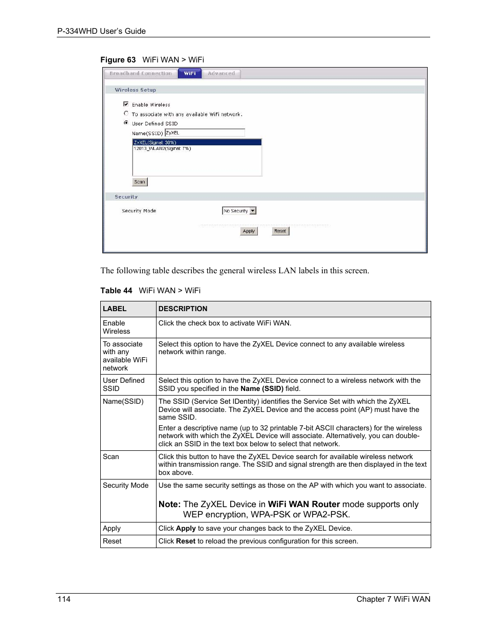 Figure 63 wifi wan > wifi, Table 44 wifi wan > wifi | ZyXEL Communications P-334WHD User Manual | Page 114 / 300