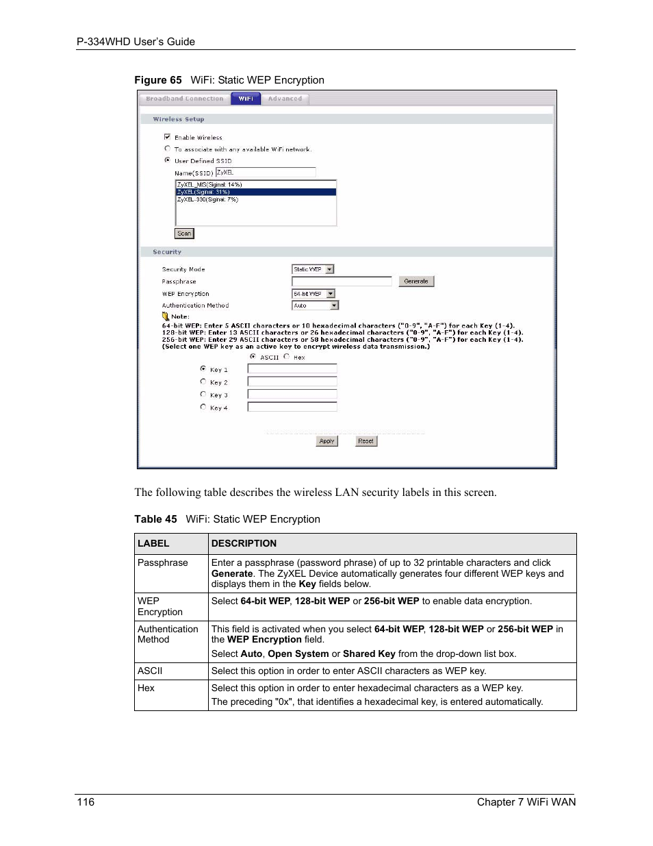 Figure 65 wifi: static wep encryption, Table 45 wifi: static wep encryption | ZyXEL Communications P-334WHD User Manual | Page 116 / 300
