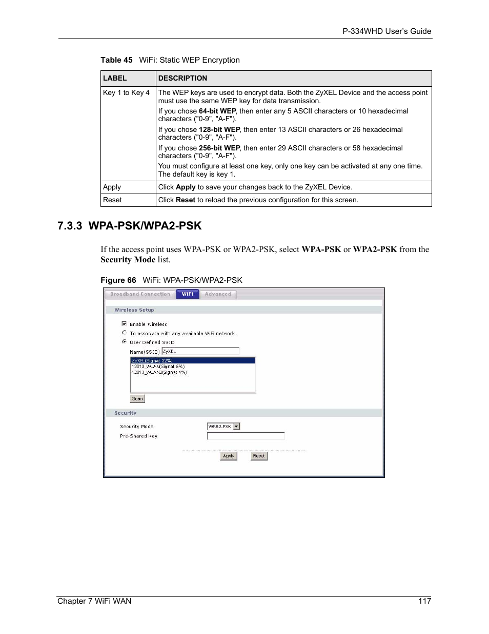 3 wpa-psk/wpa2-psk, Figure 66 wifi: wpa-psk/wpa2-psk | ZyXEL Communications P-334WHD User Manual | Page 117 / 300