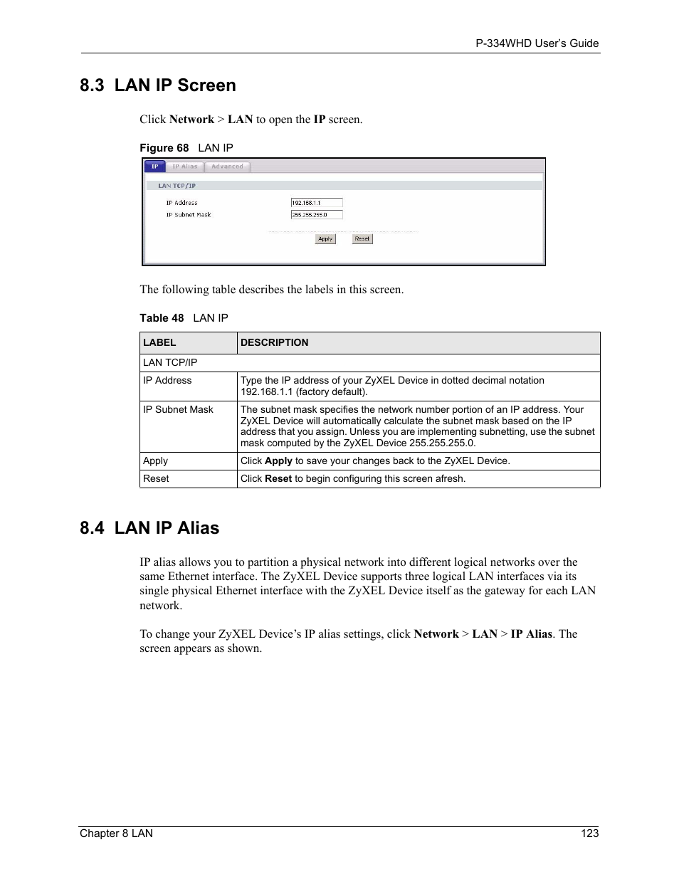 3 lan ip screen, 4 lan ip alias, 3 lan ip screen 8.4 lan ip alias | Figure 68 lan ip, Table 48 lan ip | ZyXEL Communications P-334WHD User Manual | Page 123 / 300