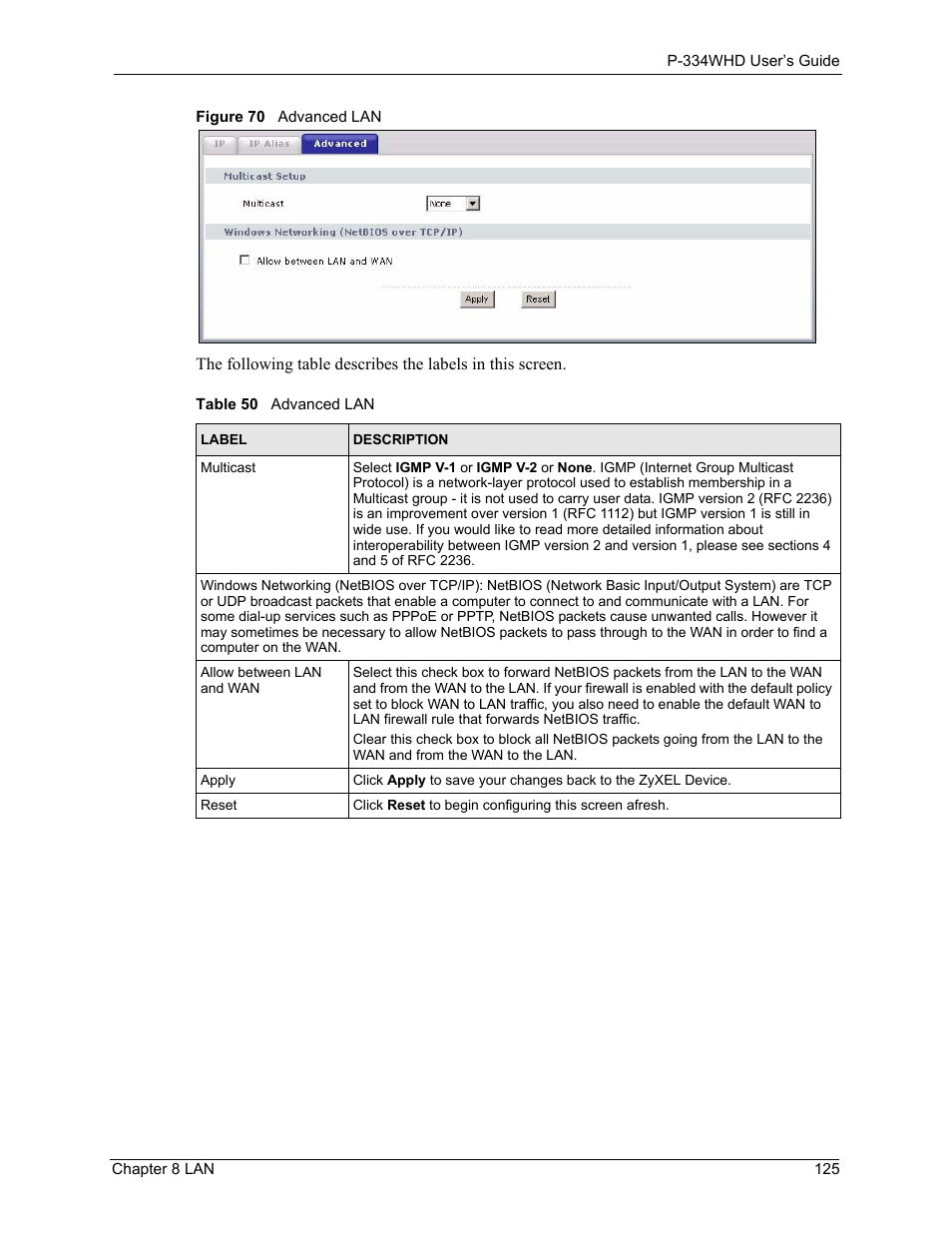 Figure 70 advanced lan, Table 50 advanced lan | ZyXEL Communications P-334WHD User Manual | Page 125 / 300