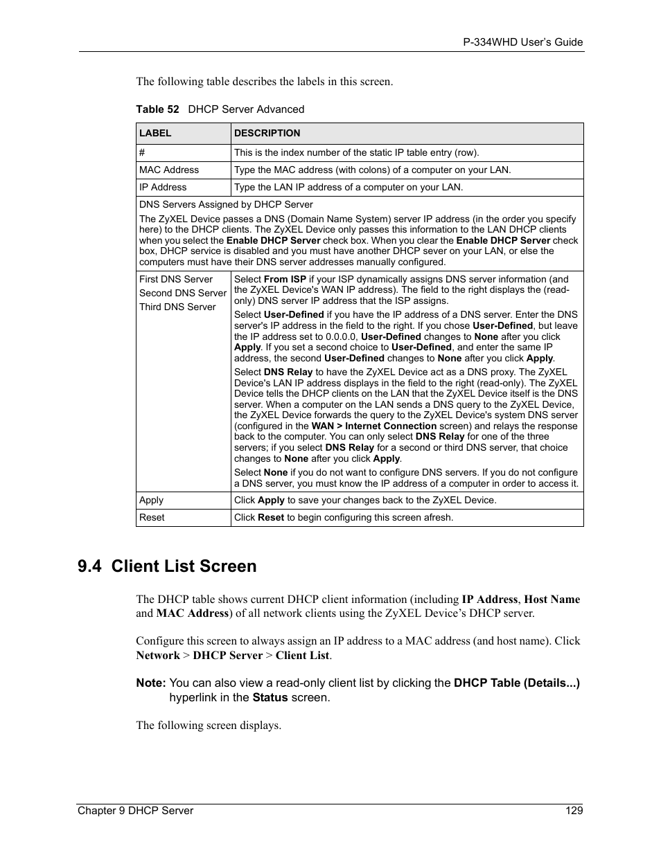 4 client list screen, Table 52 dhcp server advanced | ZyXEL Communications P-334WHD User Manual | Page 129 / 300