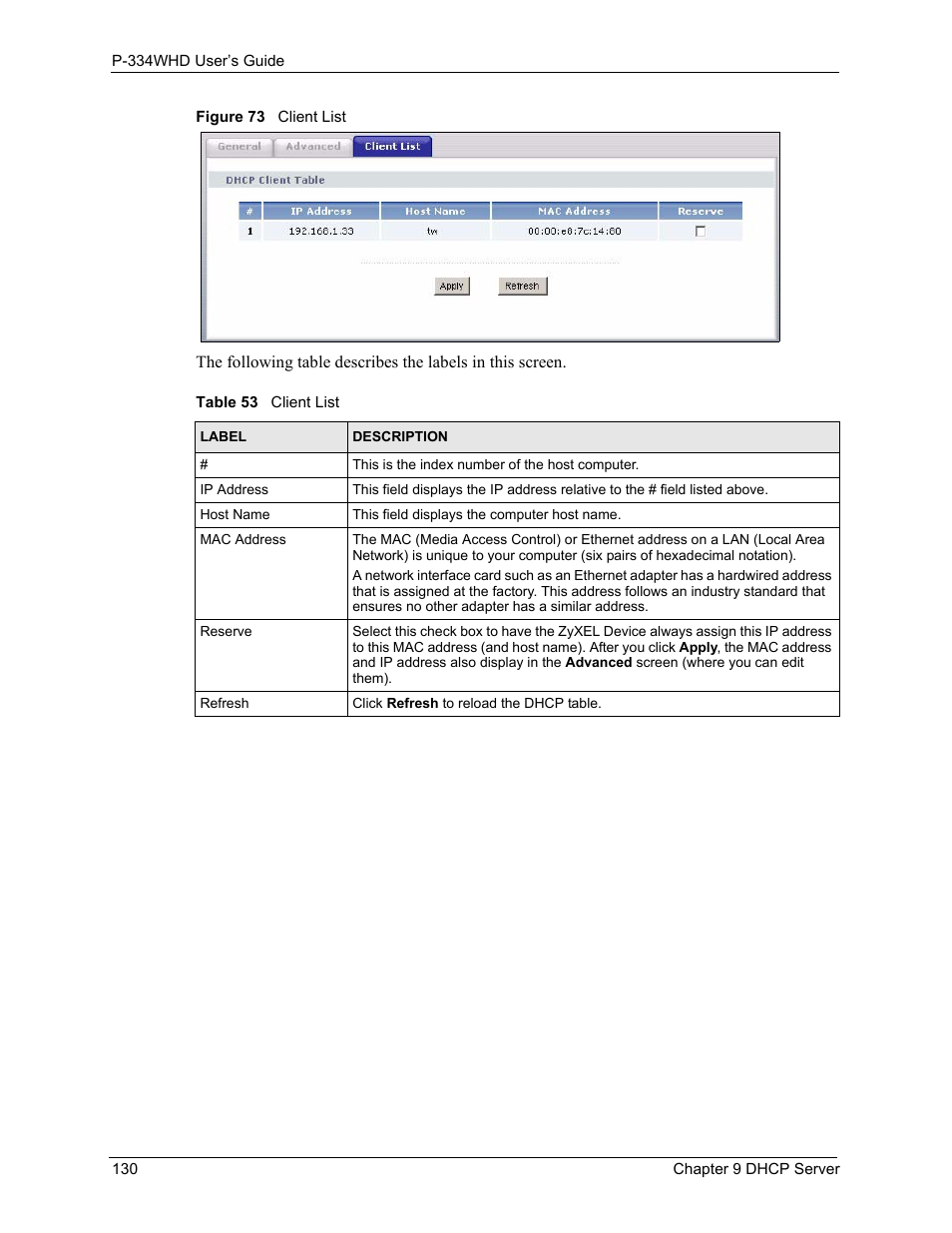 Figure 73 client list, Table 53 client list | ZyXEL Communications P-334WHD User Manual | Page 130 / 300