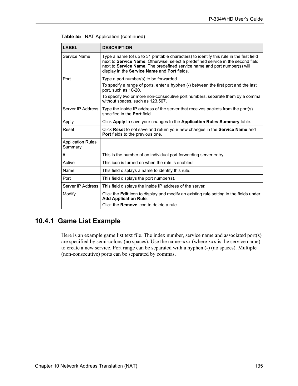 1 game list example | ZyXEL Communications P-334WHD User Manual | Page 135 / 300