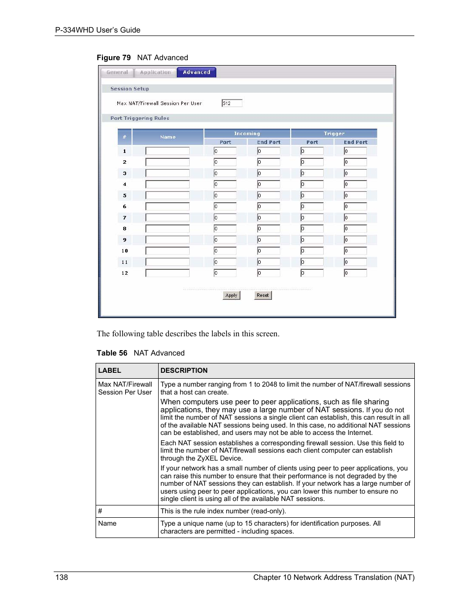 Figure 79 nat advanced, Table 56 nat advanced | ZyXEL Communications P-334WHD User Manual | Page 138 / 300