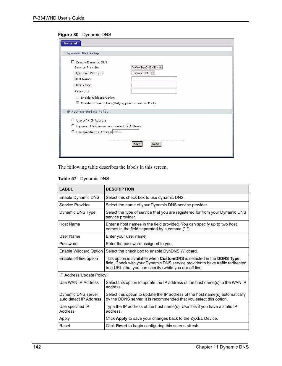 Figure 80 dynamic dns, Table 57 dynamic dns | ZyXEL Communications P-334WHD User Manual | Page 142 / 300