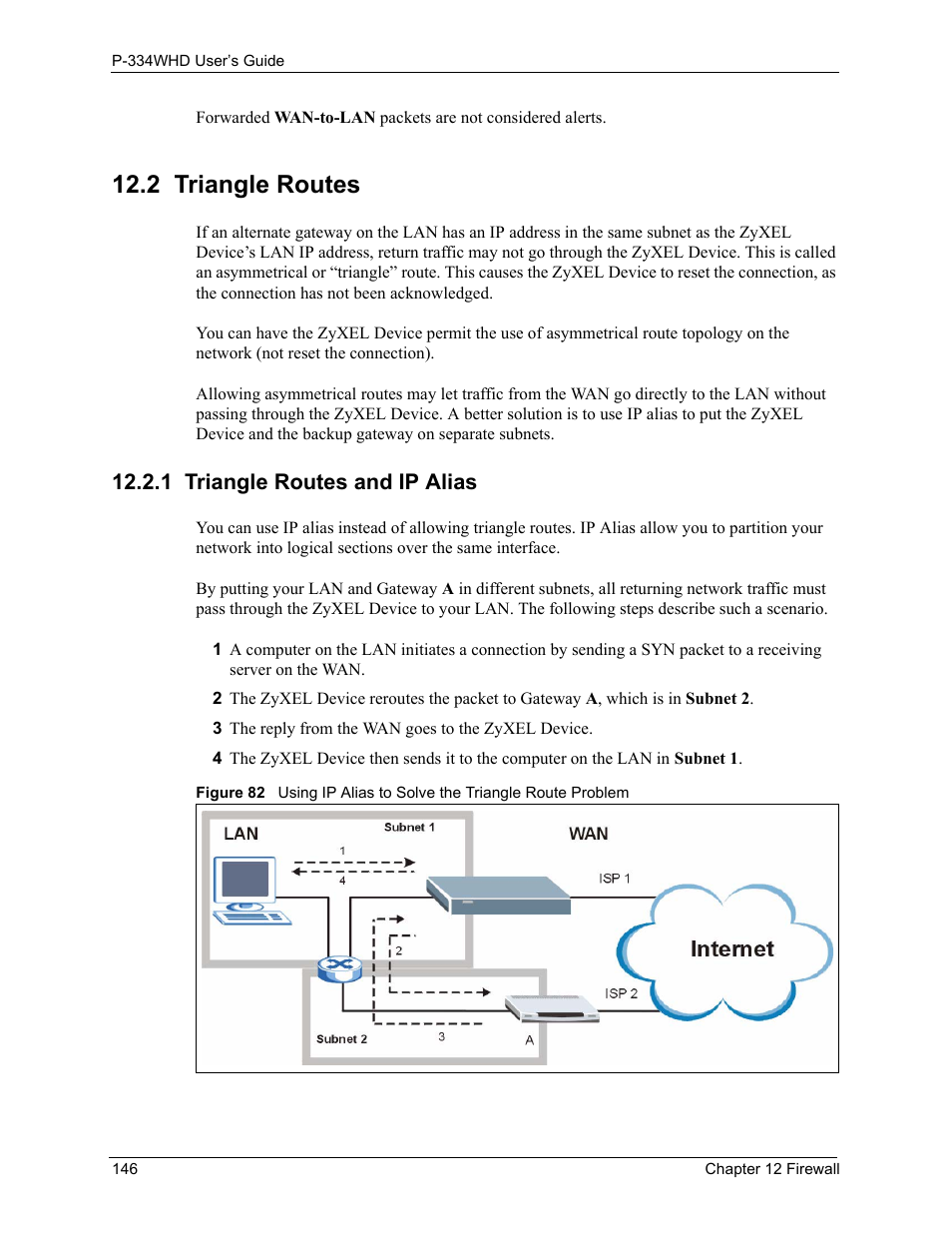 2 triangle routes, 1 triangle routes and ip alias | ZyXEL Communications P-334WHD User Manual | Page 146 / 300