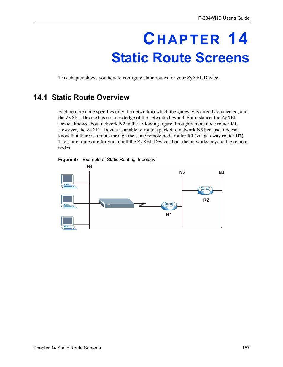 Static route screens, 1 static route overview, Chapter 14 static route screens | Figure 87 example of static routing topology | ZyXEL Communications P-334WHD User Manual | Page 157 / 300